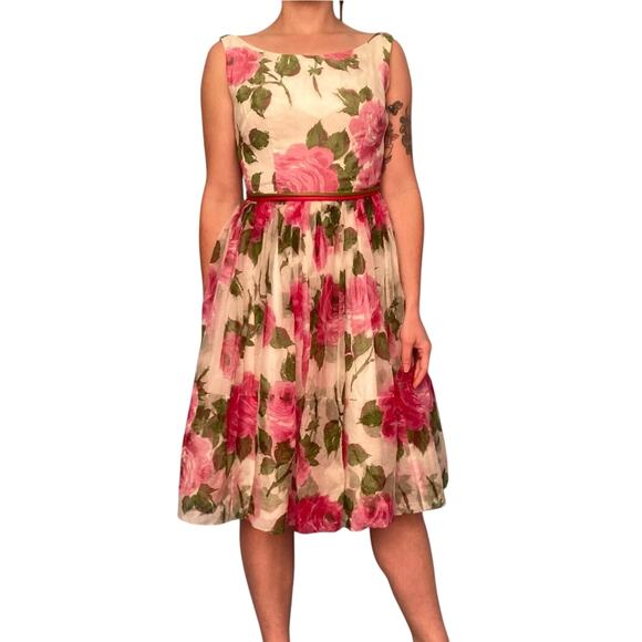 1950s Pink Floral Fit and Flare Cocktail Dress - Picture 1 of 10